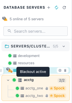 The navigation pane, showing a Blackout on warehousing server