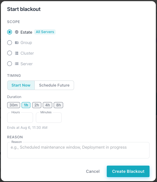 The Blackout management dialog